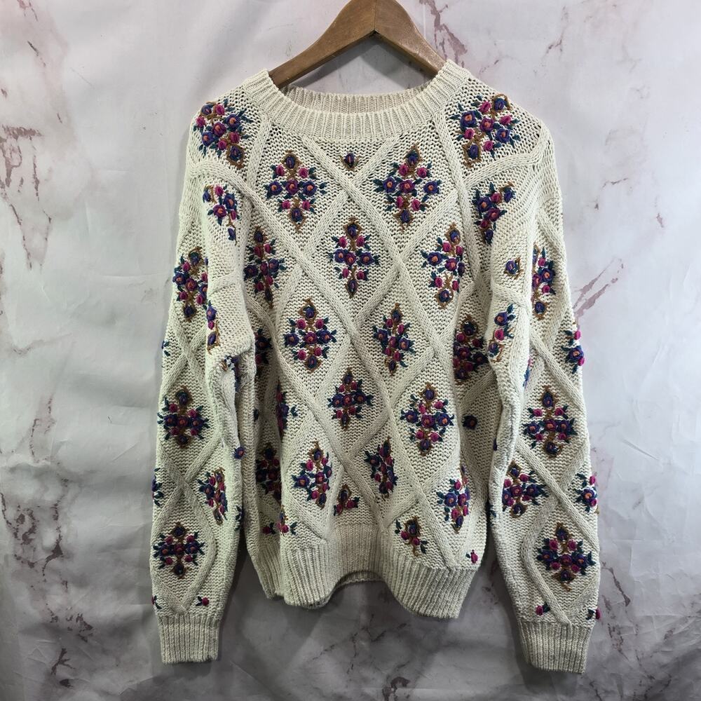 Vintage Sweater Womens Large Off White 90s Embroidered Floral 3D Granny Grandma